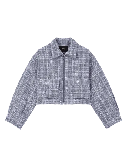 Áo khoác tweed sequin kẻ dáng crop T38 Xám