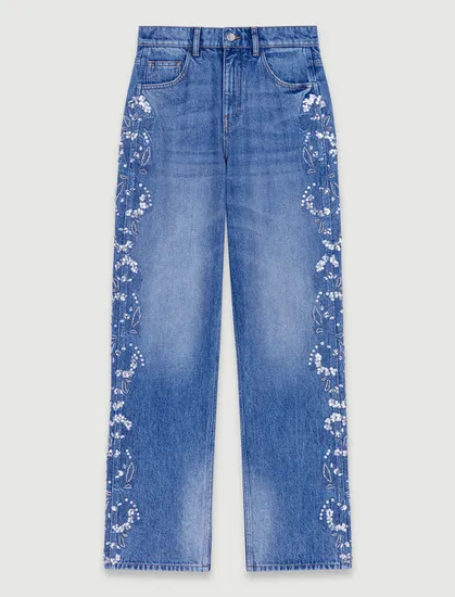 Quần jeans ống đứng đính đá T34 Xanh dương