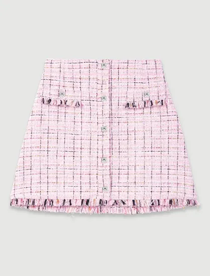 Chân váy ngắn tweed phối sợi nhũ viền tua rua T38 Hồng
