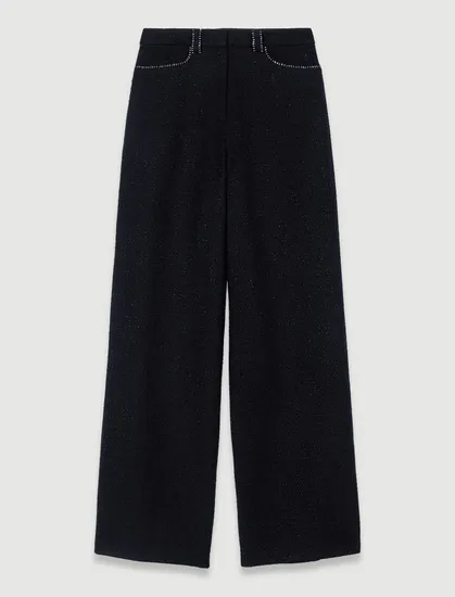 Quần ống rộng tweed đính viền đá T36 Đen