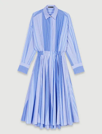 Đầm dài sơ mi cotton kẻ sọc T34 Xanh da trời