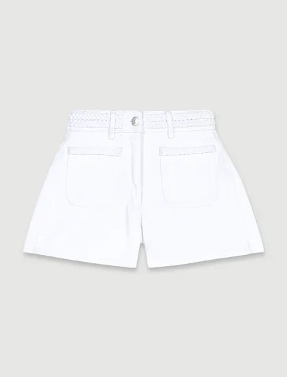 Quần short denim cạp phối viền bện T40 Trắng