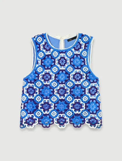 Áo tanktop len móc phối ba màu T0 Xanh dương