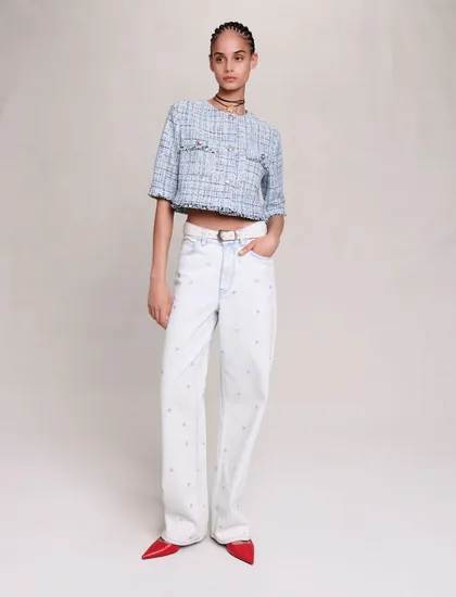 Áo khoác tweed tay lửng dáng lửng  184 Xanh da trời