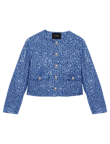 Áo khoác tweed sequin cổ tròn T36 Xanh dương