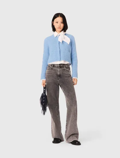Áo len cardigan đính nơ đính đá quý T2 Xanh da trời