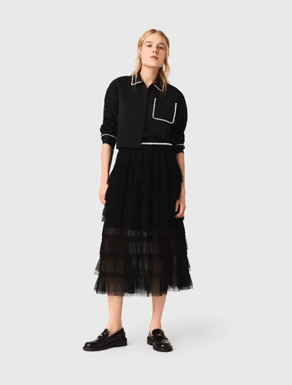 Chân váy midi tulle xếp tầng T36 Đen