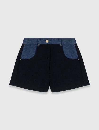 Quần short vải tweed chi tiết denim T36 Xanh đen