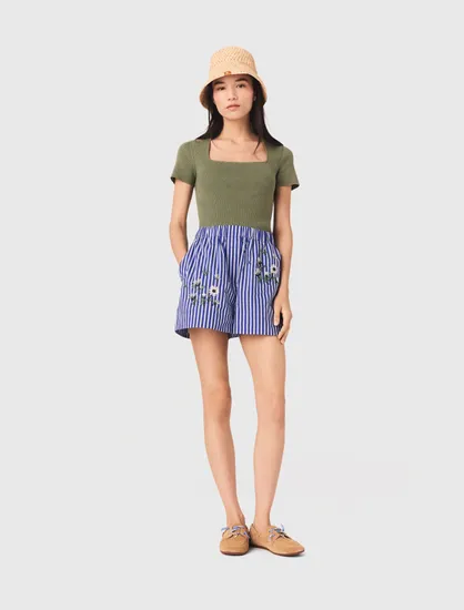 Quần short cotton kẻ sọc thêu hoa T36 Nhiều màu