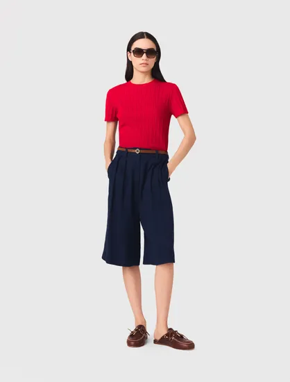 Quần short Bermuda linen cạp cao T38 Xanh đen