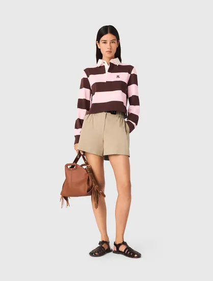 Áo nỉ polo kẻ sọc T0 Nâu/Hồng