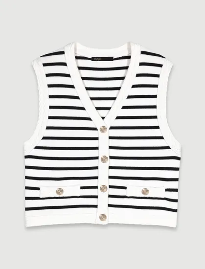 Áo cardigan len không tay họa tiết kẻ ngang T1 Xanh đen / Ecru