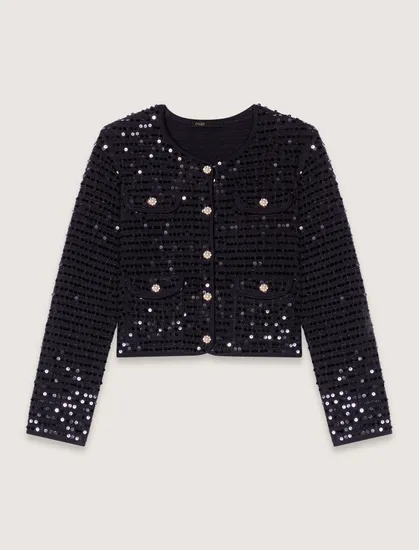 Áo cardigan dệt kim đính sequin dáng ngắn croptop T2 Đen