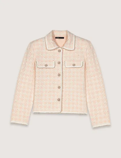 Áo khoác dệt kim caro hiệu ứng tweed T2 Hồng