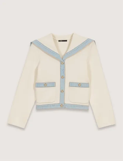 Áo cardigan len dạ cổ thủy thủ phối viền denim T2 Trắng ngà