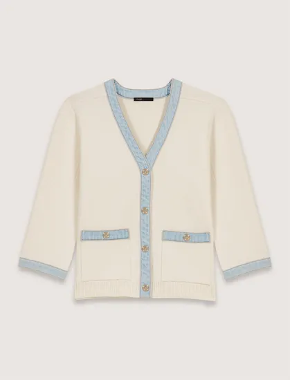 Áo cardigan len dạ oversized phối viền denim T1 Trắng ngà
