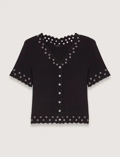 Áo cardigan dệt kim dáng ngắn đính khuy lỗ T3 Đen