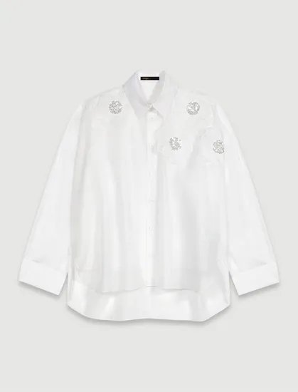 Áo sơ mi organza xuyên thấu thêu hoa sequin T2 Trắng