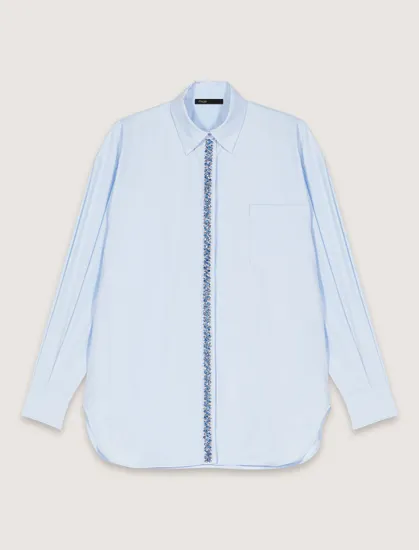 Áo sơ mi cotton poplin đính đá dáng suông T1 Xanh dương