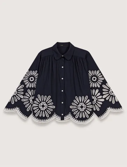 Áo sơ mi thêu crochet dáng ngắn T0 Xanh đen