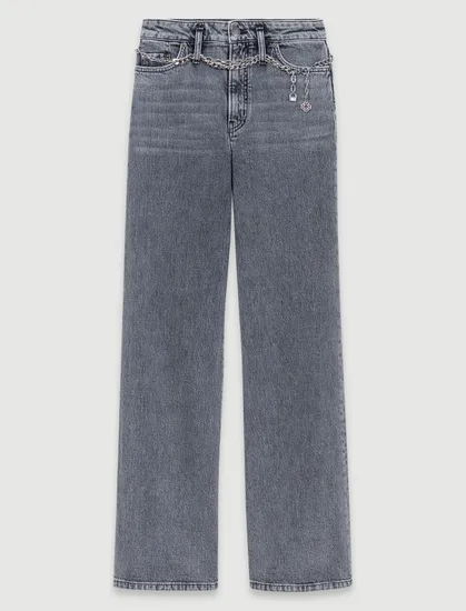 Quần jeans bạc ống rộng kèm dây xích T38 Xám