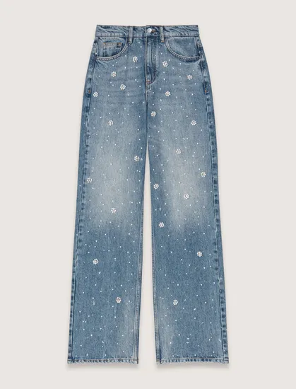 Quần jeans ống rộng đính hạt ngọc T34 Xanh dương