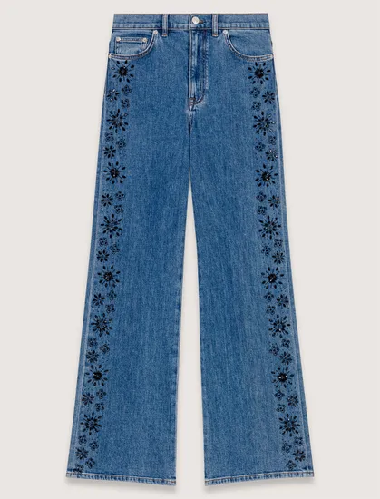 Quần jeans suông viền thêu đính đá T34 Xanh dương