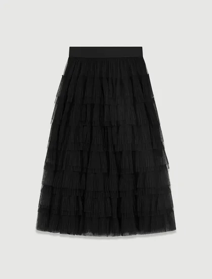 Chân váy midi tulle xếp tầng T34 Đen