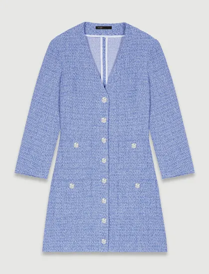 Đầm ngắn tweed dài tay cổ vest T36 Xanh dương