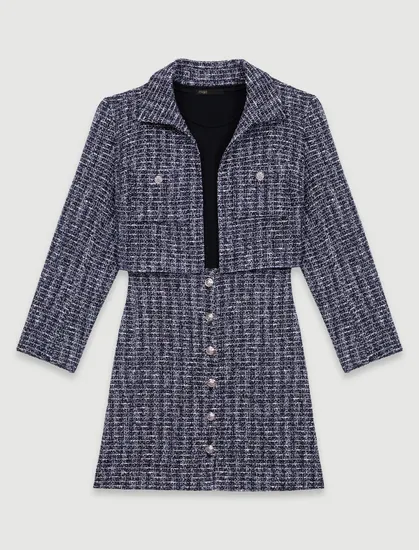 Set đầm ngắn tweed và áo khoác dáng crop T38 Đen