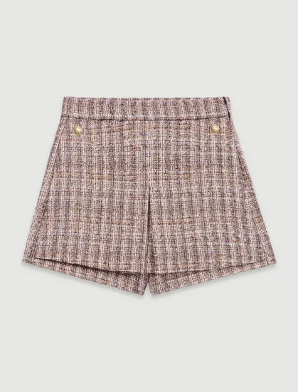 Quần short giả váy tweed kẻ trompe loeil T36 Nâu