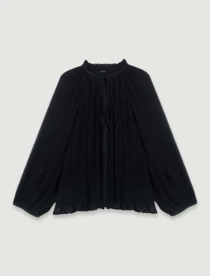Áo sơ mi voan chiffon suông xếp ly tăm T0 Đen