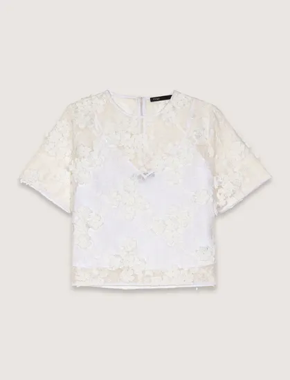 Set áo voan lưới tulle thêu hoa dáng ngắn T1 Trắng