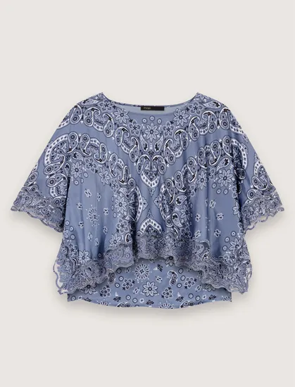 Set áo kiểu satin paisley viền ren xếp tầng T2 Nhiều màu