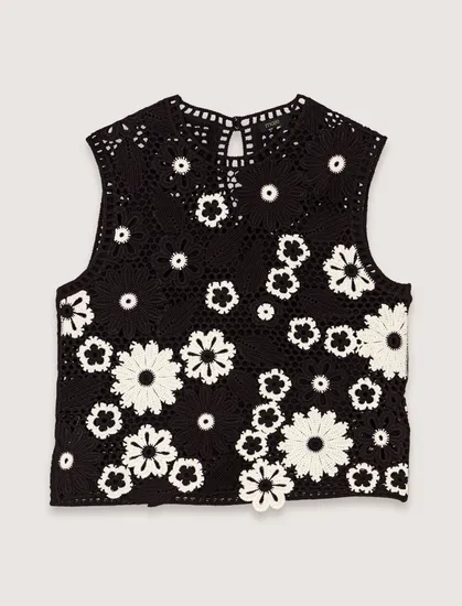 Áo kiểu crochet lưới họa tiết hoa T0 Đen