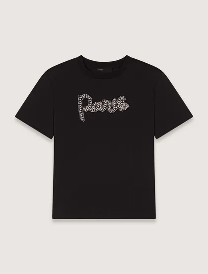 Áo thun cotton thêu đính ngọc Paris T0 Đen