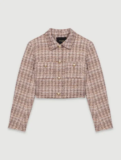 Áo khoác tweed kẻ dáng ngắn T36 Nâu