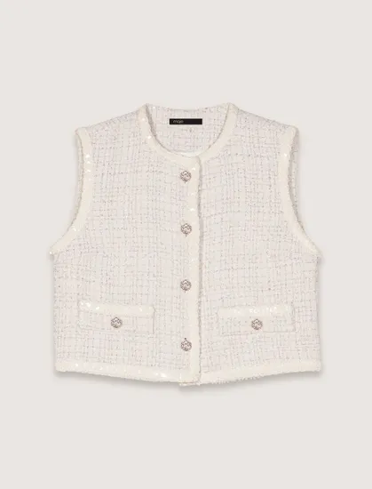 Áo khoác gile tweed sequin dáng ngắn croptop T34 Trắng ngà