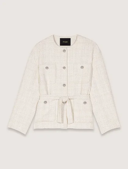 Áo khoác tweed suông kèm thắt lưng T36 Trắng ngà