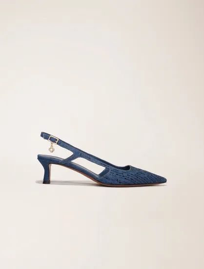 Giày slingback cao gót mũi nhọn denim đính đá P38