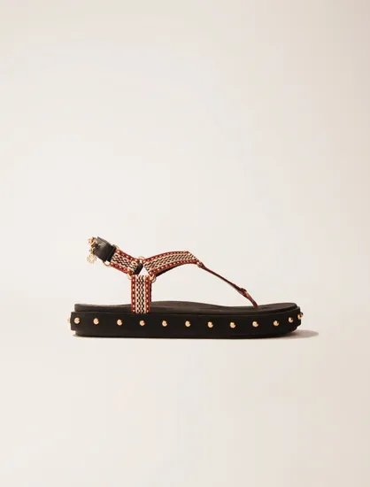 Dép sandal da đinh tán phối dây thổ cẩm P36 Đen