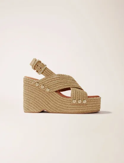 Giày sandal đế xuồng hiệu ứng raffia P38 Be sáng