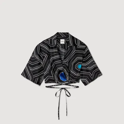 Áo sơ mi lụa họa tiết xoắn ốc 1 Đen