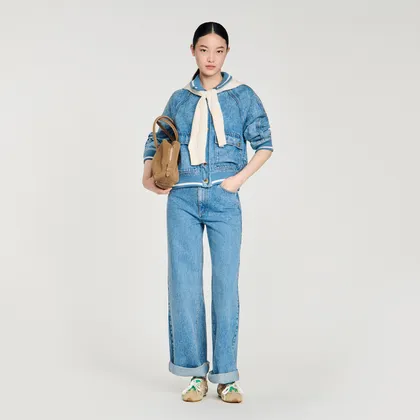 Quần jeans ống đứng ống rộng phai màu 38 Xanh denim