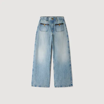 Quần jeans ống đứng phối da 34 Blue denim