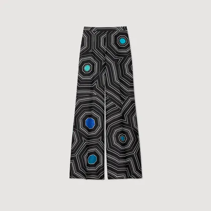 Quần lụa in họa tiết xoắn ốc 36 Đen