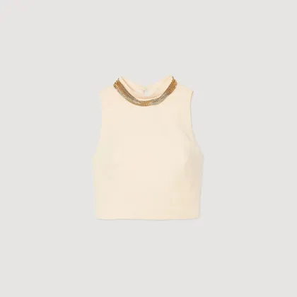 Áo dệt kim dáng crop phối vòng cổ 2 Trắng Ecru