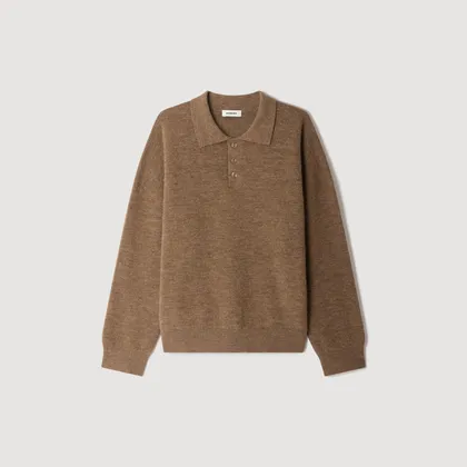 Áo polo len alpaca gân M Be/Nâu xám