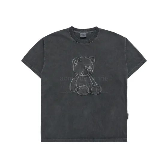 Áo Thun Bear Applique Pigment Washing Than Chì