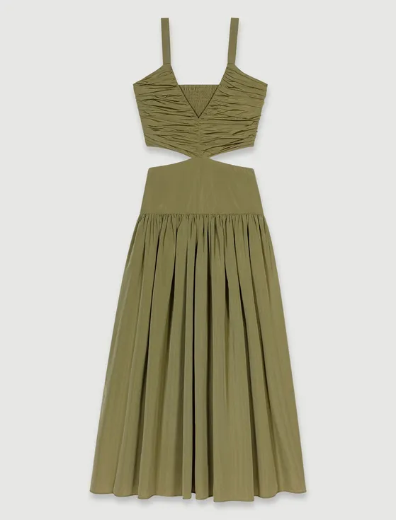 Đầm dài maxi taffeta cổ V cut-out T34 Kaki